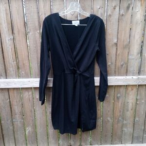 Long Sleeve V Neck Faux Wrap Black Dress